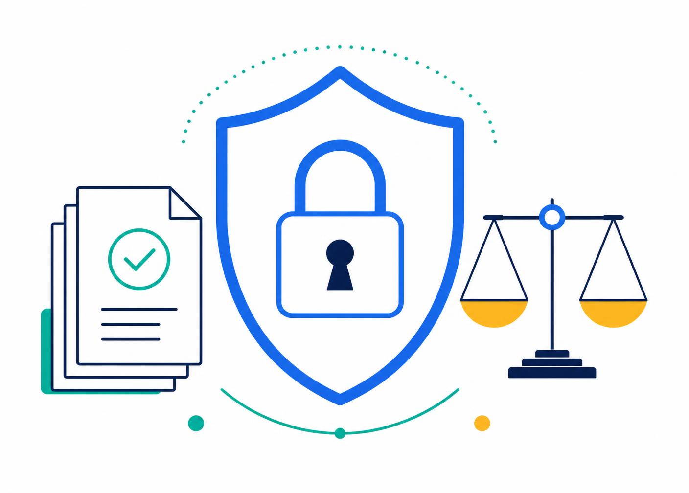 A shield containing a padlock, flanked by a stack of checked documents and a set of balance scales, representing data protection and regulatory compliance.